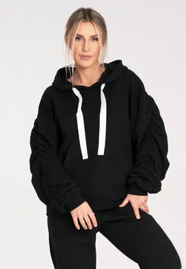 Bluza damska z kapturem - Bluza z bufiastymi rękawami - Bluza czarna M1055 rozmiar L