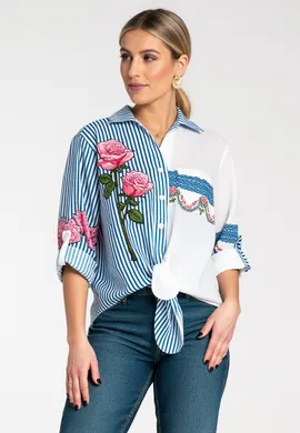 Koszula z kwiatem - Koszula damska oversize - Koszula boho damska M1120 Niebieski L/XL