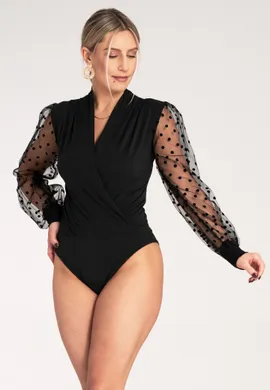 Kopertowe body damskie - Body damskie z długim rękawem - Czarna bluzka body M1145 r. L/XL
