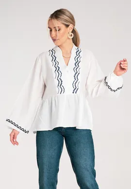 Bluzka z falbanką na dole - Bluzka z szerokimi rękawami - Biała bluzka M1192 r. L/XL
