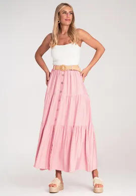 Spódnica z guzikami z przodu - Letnia spódnica maxi - Różowa M1222 r. L/XL