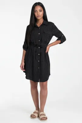 Elegancka czarna sukienka koszulowa szmizjerka midi na guziki z paskiem 100% wiskoza rękaw 3/4 - M1325, czarny, L